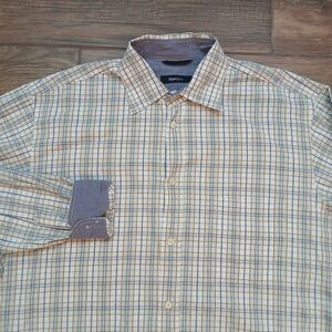 Zegna Sport Shirt Mens Extra Large White Plaid Checkered Casual Button Flip Cuff